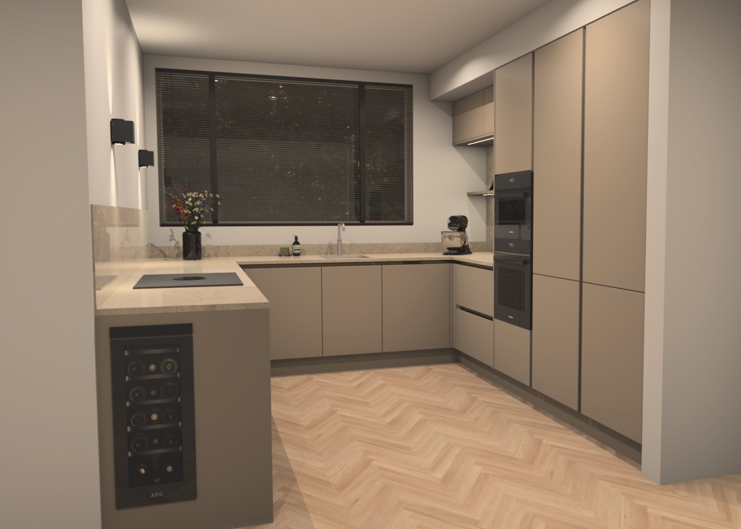 3d tekening u-vorm keuken beige
